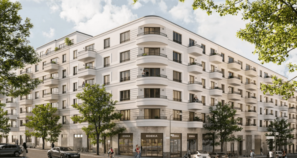 Eckansicht der Fassade des Neubauprojekts Eckert Carré in Berlin, Deutschland