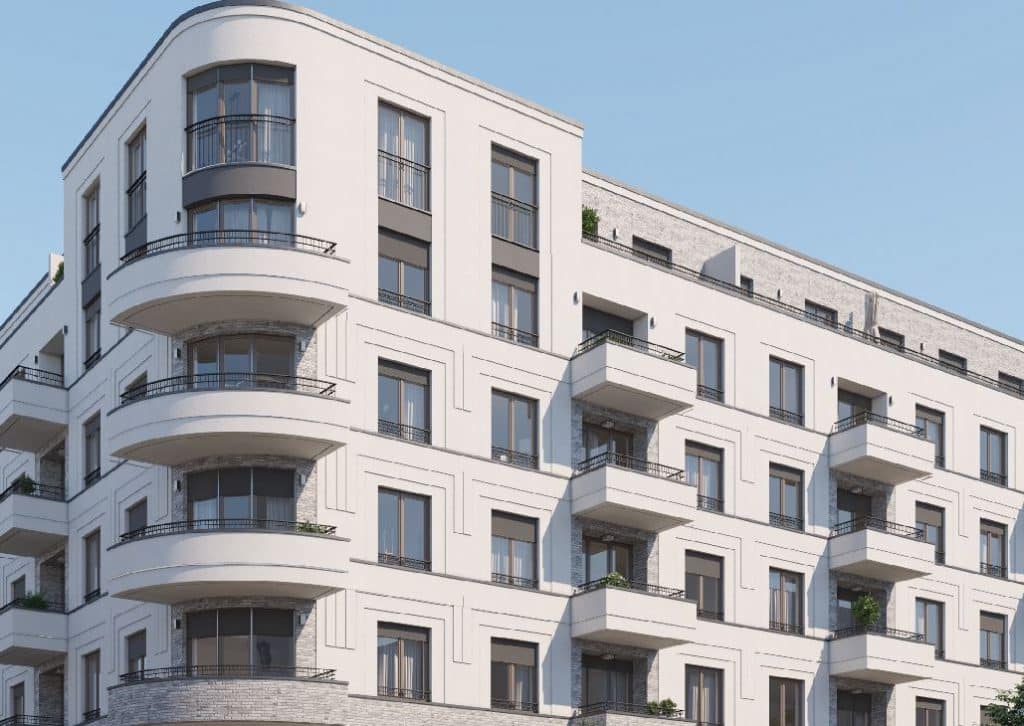 Front picture of a New build in Berlin with a Penthouse apartment on the last floor