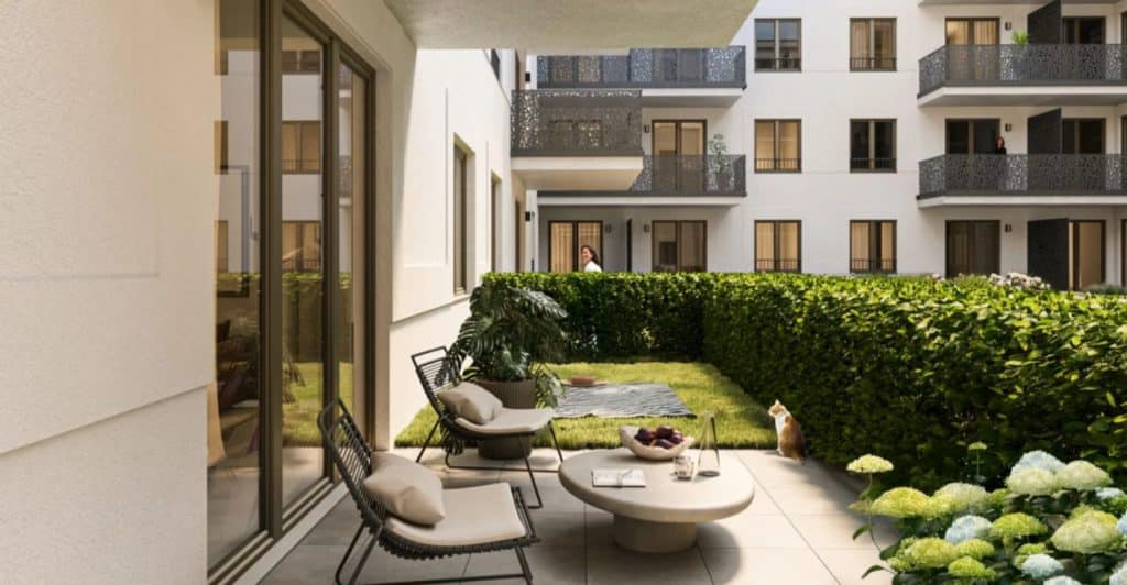 Beispiel einer Terrasse im Neubauprojekt Eckert Carré in Berlin Friedrichshain