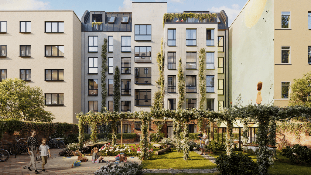 Perfekt als Kapitalanlage: Gebäudefassade des Neubauprojekts "Wohngarten im Dreiländereck" in Berlin-Neukölln