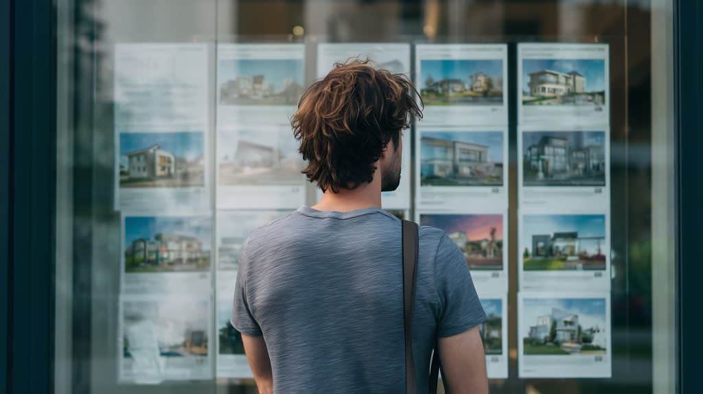 Mann steht vor einer Immobilienagentur