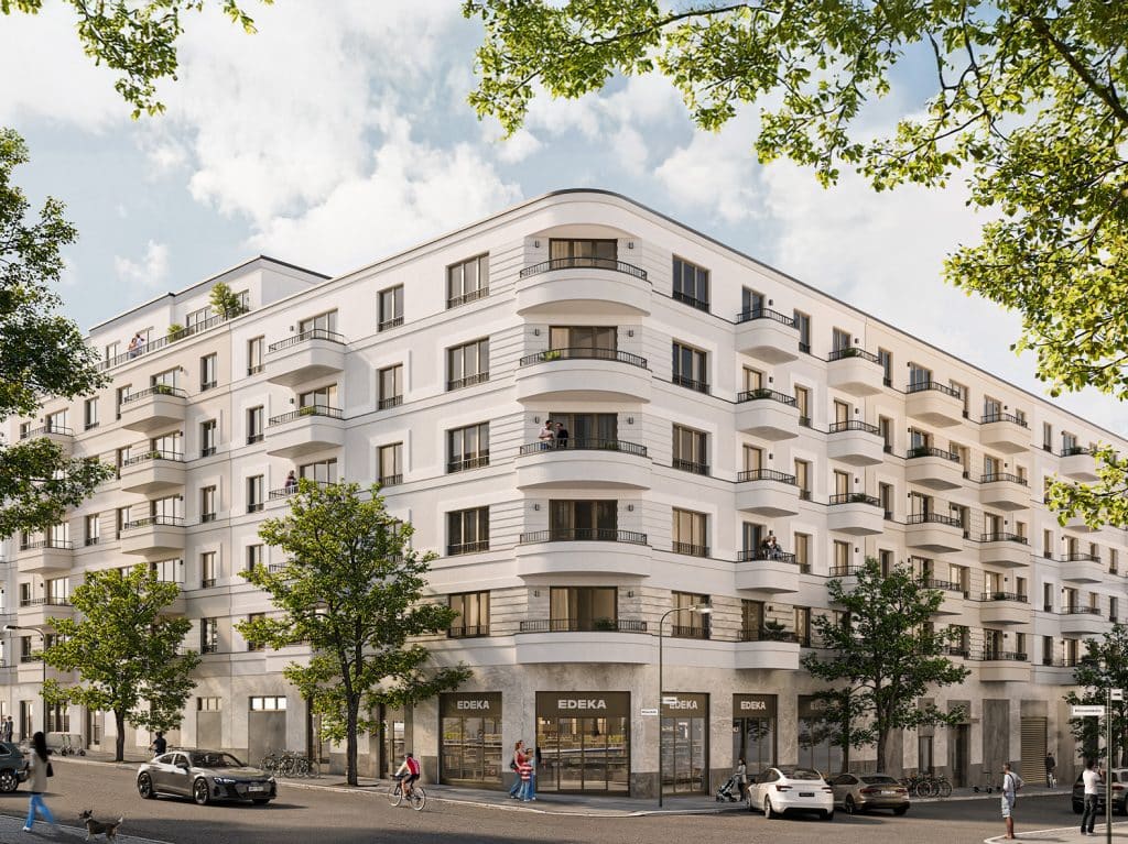 Investition in Immobilien: Eckfassade des Neubauprojekts "Eckert Carré" in Berlin-Friedrichshain