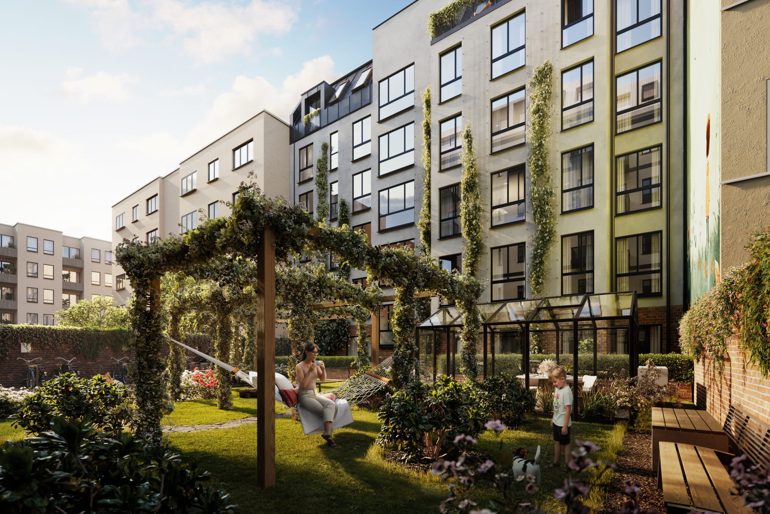 Ansicht des Innenhofes des Neubauprojekts Wohngarten im Dreiländereck in Berlin Kreuzkölln