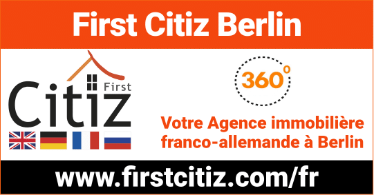 Carte First Citiz Berlin avec logo, adresse web et slogan Votre agence immobilière franco-allemande à Berlin