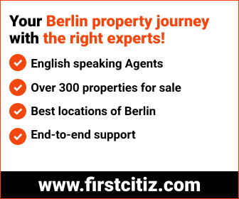 Card from First Citiz Berlin: English speaking agents, Over 300 properties for sale, Best locations of Berlin, End-to-end support