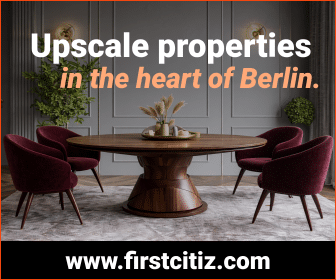 Visual Card from First Citiz with a luxurious dining area and the slogan "Upscale properties in the heart of Berlin"