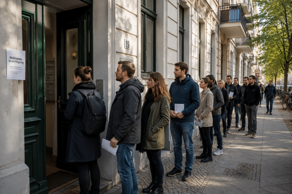 Illustrative rendering of Berlin rental demand: Long queue of people waiting in line to view an apartment  in Berlin