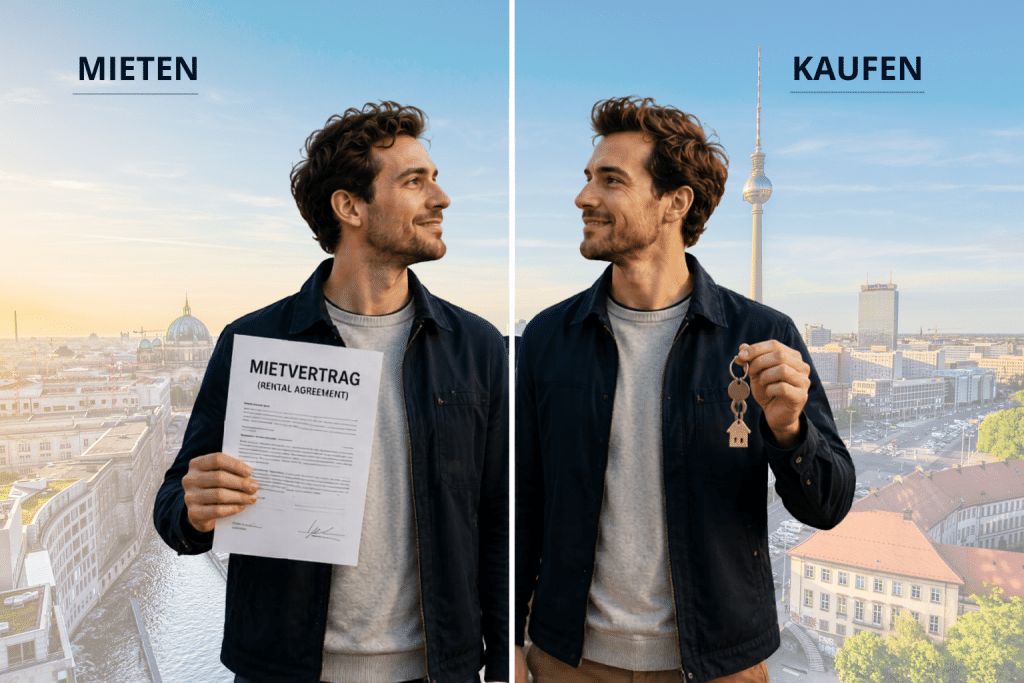 Die selbe Person erscheint 2 Mal auf das Bild. Links mit einem Mietvertrag und rechts mit einem Schlüssel in der Hand mit der Überschrift Mieten vs Kaufen