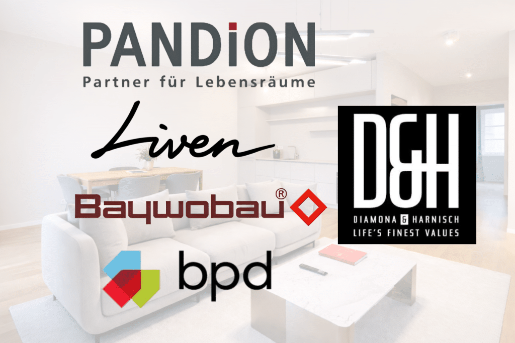 Logos der 5 wichtigsten Bauträger in Berlin: Pandion, Liven, Baywobau, Diamona & Harnisch, bpd