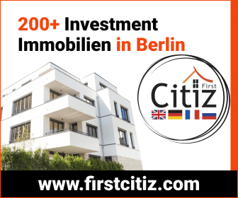 Visuelle Karte mit Logo und Neubau mit dem Titel "200+ Investment Immobilien in Berlin" mit First Citiz