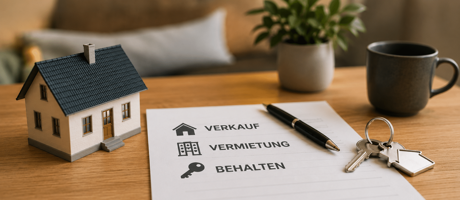 Geerbte Immobilie mit Schlüssel, Hausmodell und Entscheidungsblatt für Verkauf, Vermietung oder Behalten.