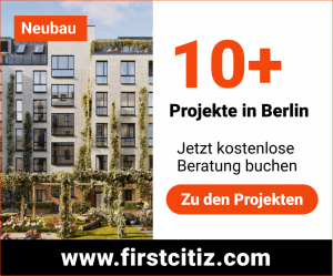 Visuelle Karte mit dem Slogan "10+ Neubauprojekte in Berlin" mit First Citiz Immobilienagentur