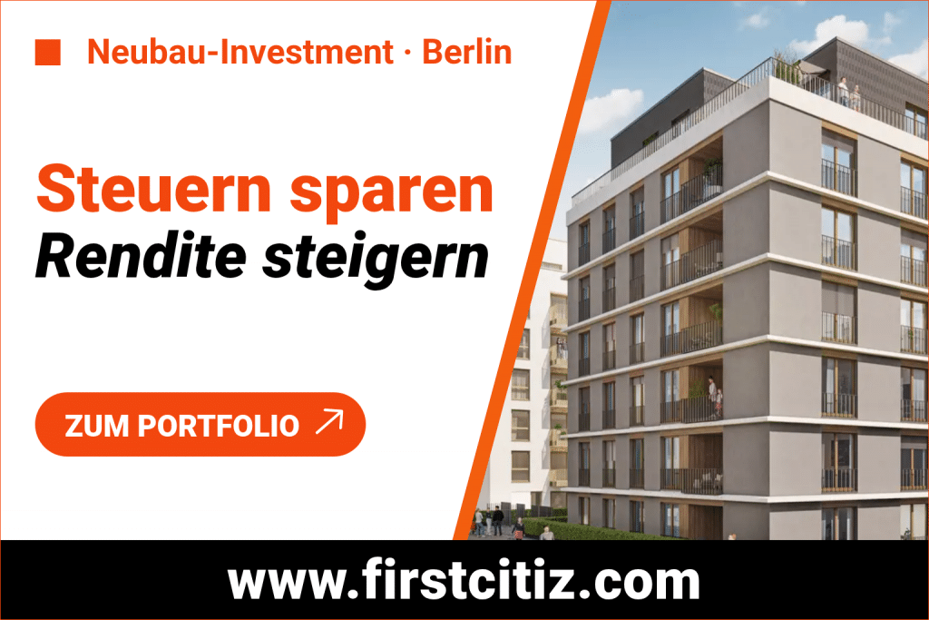 Visuelle Karte von First Citiz mit einem Neubau rechts und links der Überschrift Steuern sparen Rendite steigern
