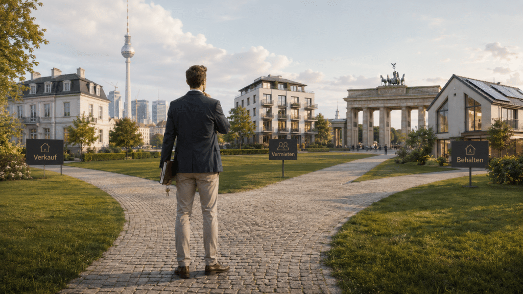 Visualisierung: Mann steht an einer Weggabelung und entscheidet zwischen Verkauf, Vermietung und Behalten einer geerbten Immobilie in Berlin.