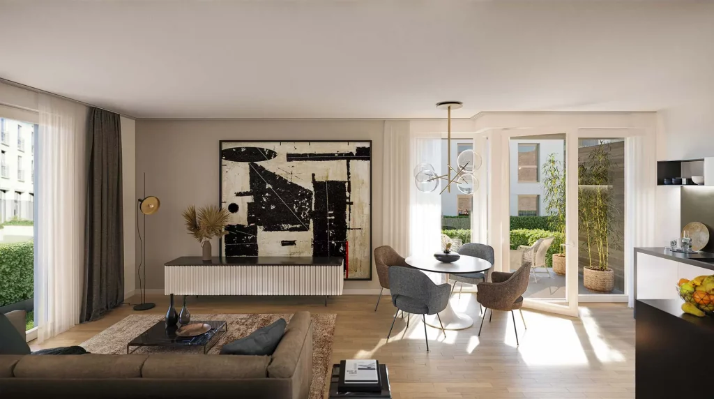 Wohnbereich einer Neubauwohnung im Neubau PANDION Midtown in Berlin Friedrichshain