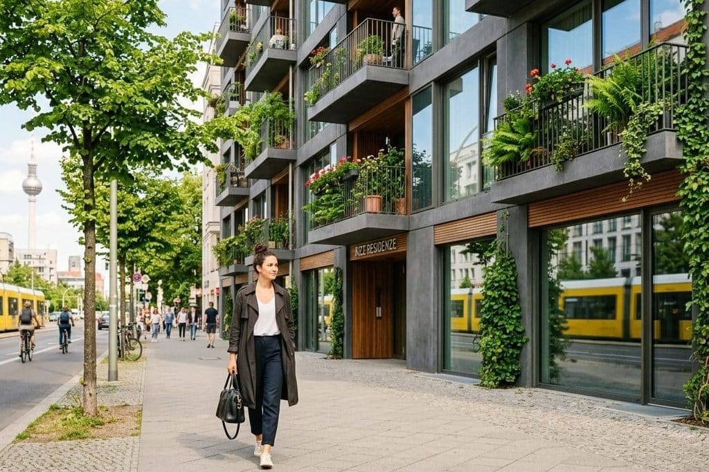 Visualisierung moderner Neubauwohnungen mit begrünten Balkonen an einer Berliner Straße, im Vordergrund eine Fußgängerin und im Hintergrund die Berliner Straßenbahn.