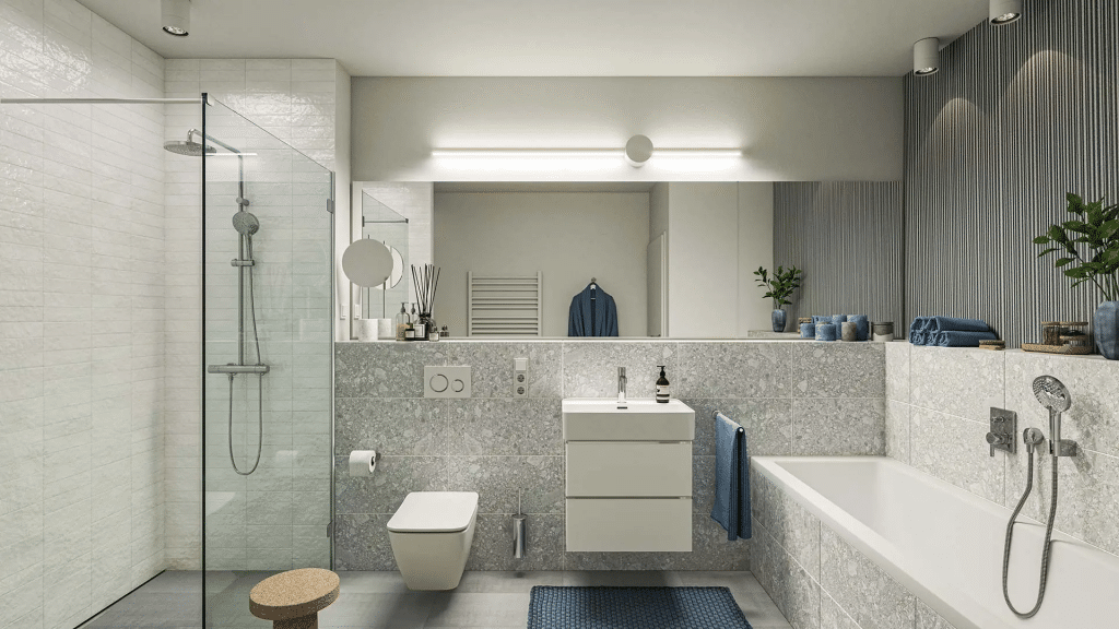 Badezimmer einer Neubauwohnung im Pandion Midtown in Berlin