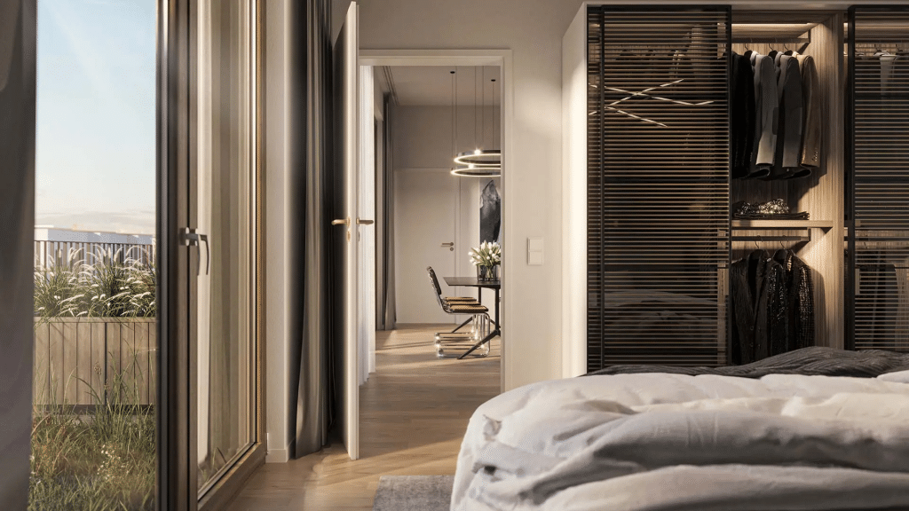 Scchlafzimmer im Neubau Pandion Midtown in Berlin Friedrichshain