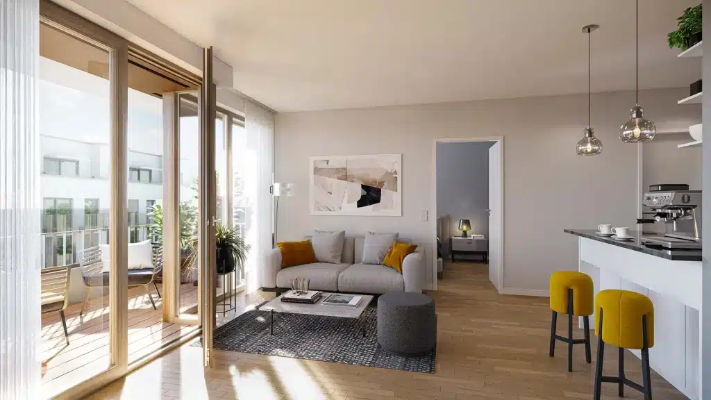 Wohnbereich mit Terrasse im Pandion Midtown in Berlin Friedrichshain