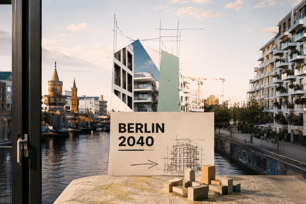 Kreative Darstellung der Berliner Stadtentwicklung bis 2040 mit modernen Wohngebäuden, historischem Stadtraum, Wasserlage und Architekturentwürfen.