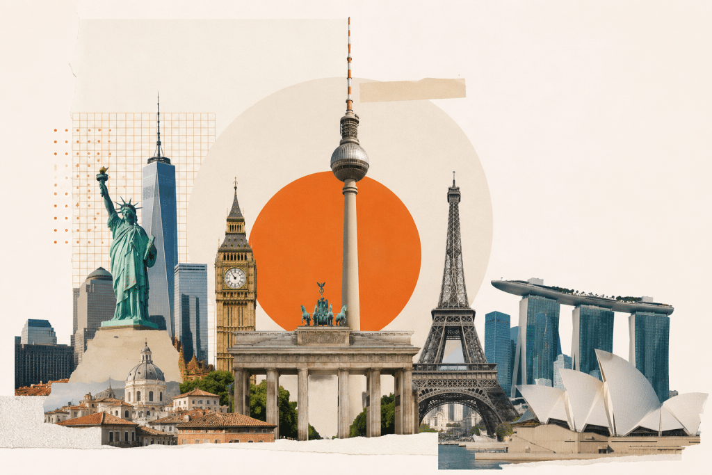Berlin im internationalen Immobilienvergleich mit Wahrzeichen aus Berlin, New York, London, Paris, Singapur und Sydney