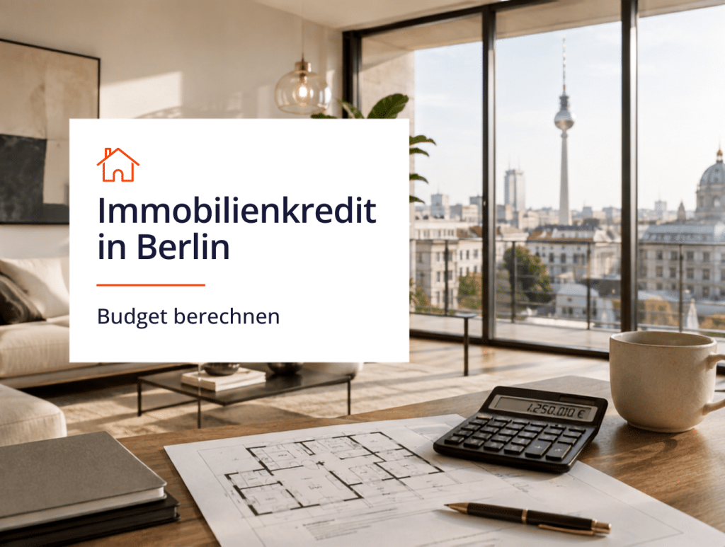 Immobilienkredit in Berlin berechnen – Rechner, Grundriss und Berliner Wohnung mit Blick auf den Fernsehturm