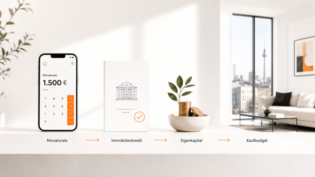 Grafische Darstellung zur Immobilienfinanzierung in Berlin: Monatsrate von 1.500 Euro auf einem Smartphone, Immobilienkredit, Eigenkapital und Kaufbudget vor moderner Wohnung mit Berliner Skyline.