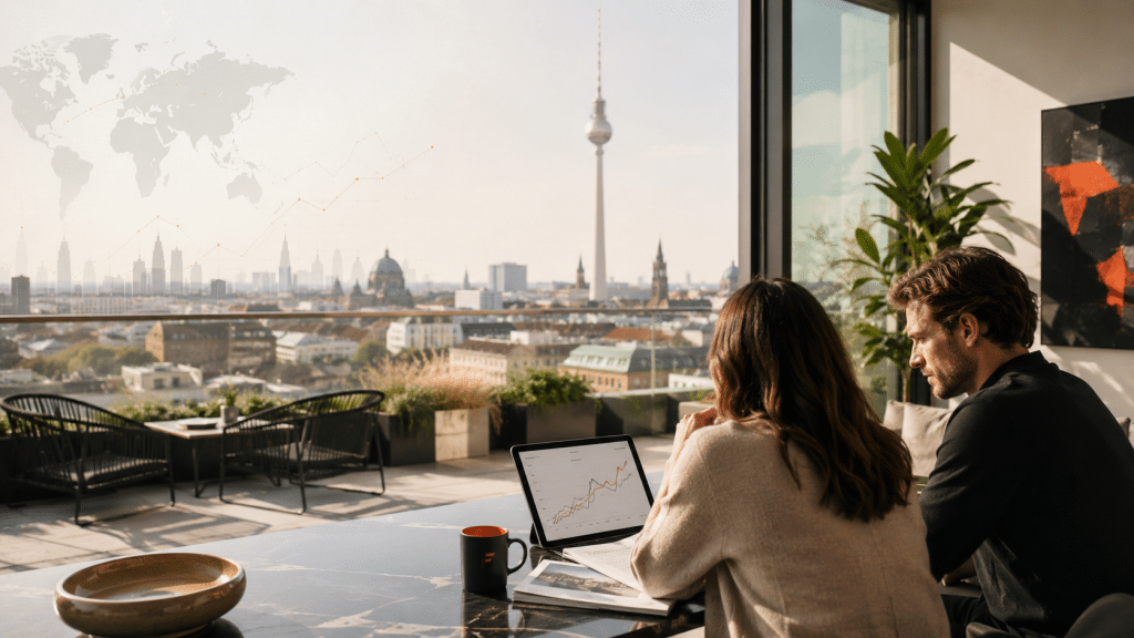 Zwei Immobilienkäufer betrachten in einer Berliner Penthouse-Wohnung mit Blick auf den Fernsehturm Marktdaten zum internationalen Immobilienvergleich
