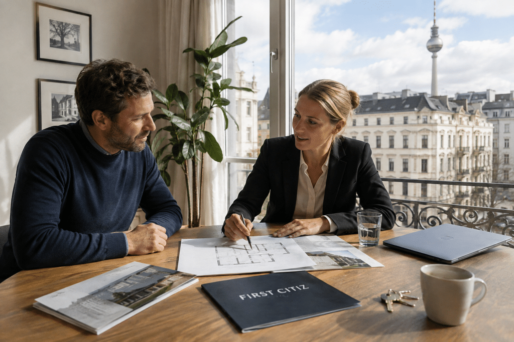 Eigentümer bespricht mit Immobilienmaklerin den Verkauf einer Berliner Wohnung bei einem Beratungsgespräch mit Grundriss und Verkaufsunterlagen.