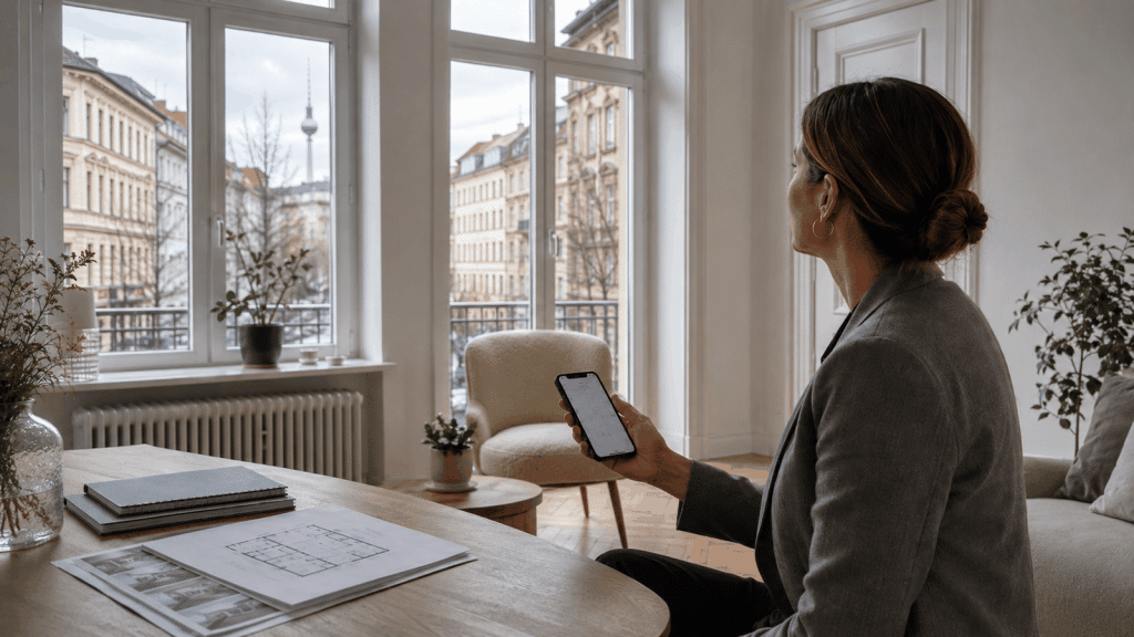 Verkauf mit oder ohne Immobilienmakler Berlin: eine helle Berliner Wohnung kurz vor einer Besichtigung, der Eigentümer oder Makler wartet im Raum, Smartphone mit Terminkalender in der Hand, Unterlagen liegen bereit