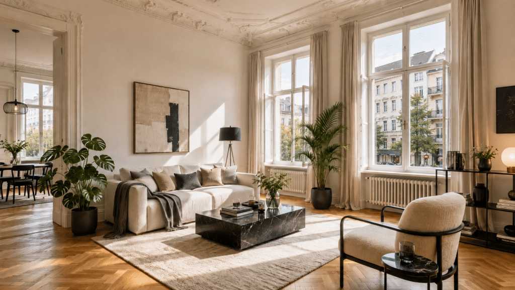 Helle modernisierte Altbauwohnung in Berlin mit Parkett, hohen Decken und stilvoller Einrichtung