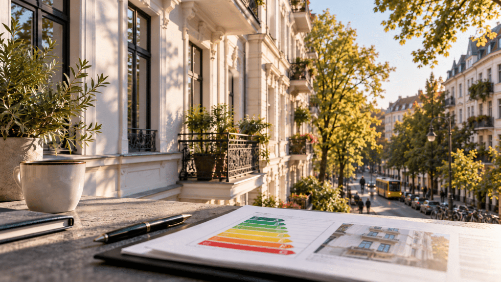 Berliner Altbau an einer begrünten Straße mit Energieausweis im Vordergrund – Symbol für Energieeffizienz, Immobilienwert und den Berliner Wohnungsmarkt.
