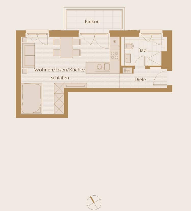 Verkauft! Neubauwohnung: 1-Zimmer mit Balkon nahe Mercedes-Benz Arena - transformierbar in 2 Zimmer - Grundriss