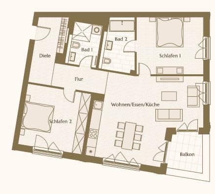 Mercedes Benz Arena area: New upscale 3-room apartment with balcony - Floor plan