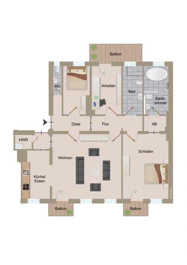 Bezugsfrei! 4-Zimmer Wohnung mit 3 Balkonen nahe Tempelhofer Feld - Grundriss